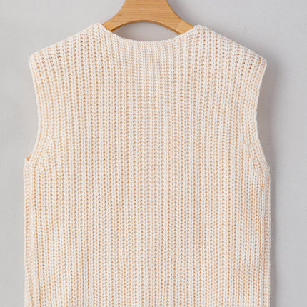 White Solid Textured Knit Side Pockets Buttoned Sweater Vest