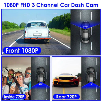 WiFi FHD 1080P Car Dash Cam 3 Channels Front Rear Inside Dash Camera