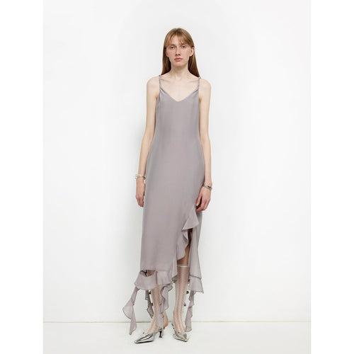 Acetate Mulberry Silk V-Neck Ruffled Draped Twist Strap Summer Dress