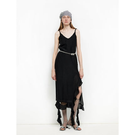 Acetate Mulberry Silk V-Neck Ruffled Draped Twist Strap Summer Dress