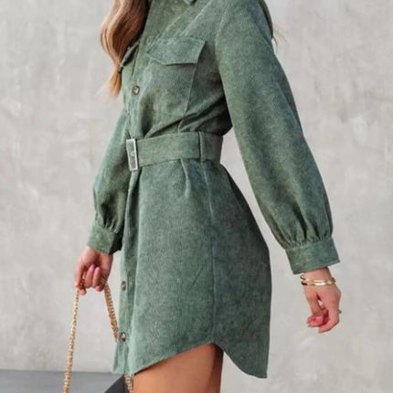 Stylish Button Front Belt Long Sleeve : Corduroy Dress