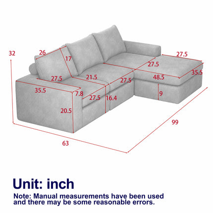 99-Inch Boneless Couch With Chaise, L-Shaped Modern Upholstered