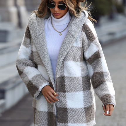 Plaid Open Front Hooded Coat