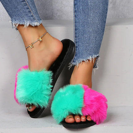 Fuzzy Open Toe Flats Sandals