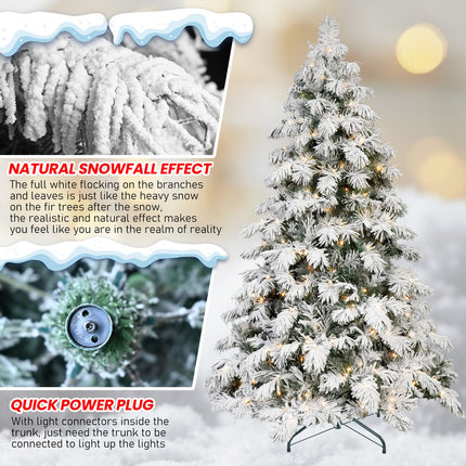 5FT 6FT 7FT 8FT Prelit Flocked Christmas Tree With Light, Snowy Pine