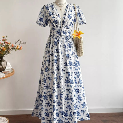 Floral Print V-Neck Puff Sleeve Dress