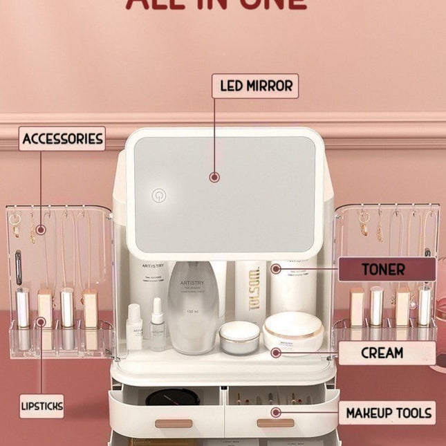 All-in-one Organizer with Led Mirror for Makeup Skincare & Accessories