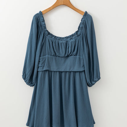 Solid Ruched Frilled Neck 3/4 Sleeve Dress