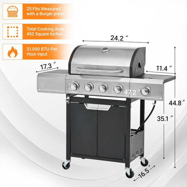 Propane Grill 4 Burner Barbecue Grill Stainless Steel Gas Grill With