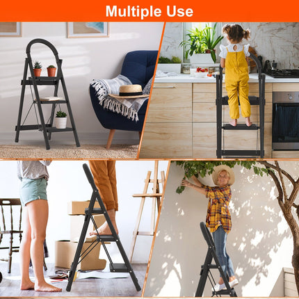 1Pc 3Step Foldable Ladder With Wide Anti-Slip Pedal Safety Locking
