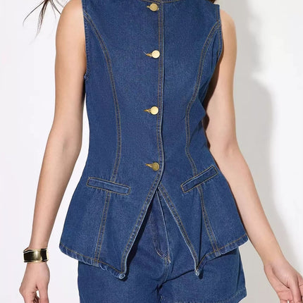 Button Up Sleeveless Denim Top and Shorts Set