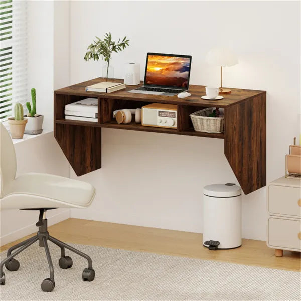Rustic Brown Wall-Mounted Floating Computer Desk With 3-Cube Storage,