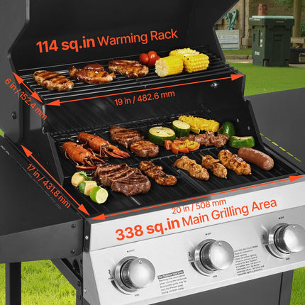 Gas Grill, 3 Burner Propane Gas Grill With Spacious 338 SQ.In Grilling