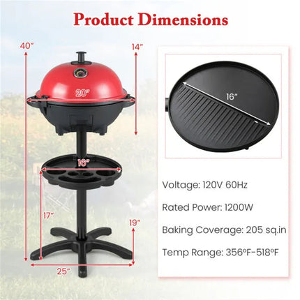 Red 1200W Electric BBQ Grill With Double-Zone Cooking, 2-in-1