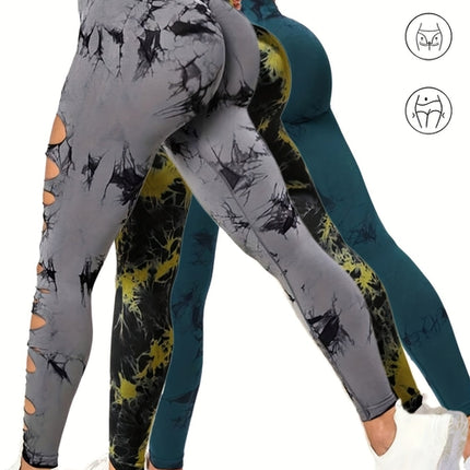3 Pack Women's Tie Dye Cutout Tights High Waist Workout Yoga Leggings,
