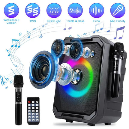 Portable Wireless Party Speaker With LED Light 2 Wireless Mics Remote