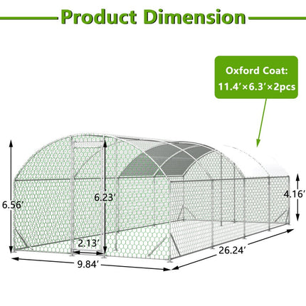 26'x9'x6'Large Metal Chicken Coop,Walk-in Poultry Cage,Chicken Run