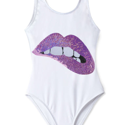 White Tank Swimsuit with Lip Sequin