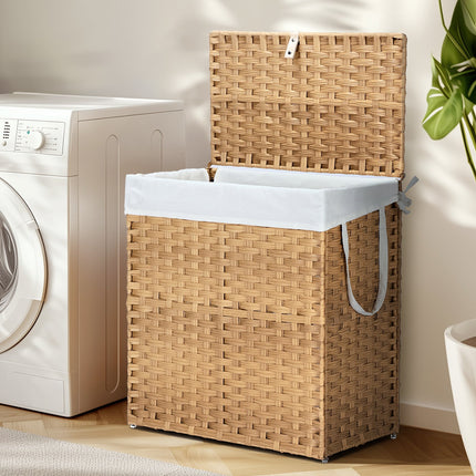 Laundry Basket With Lid, 110 L Hand-Woven Pp Rattan Laundry Basket
