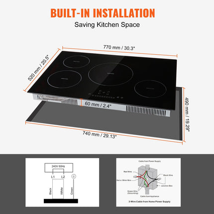 Electric Cooktop, 4 Burners, 30 Induction Stove Top, Built-in Magnetic