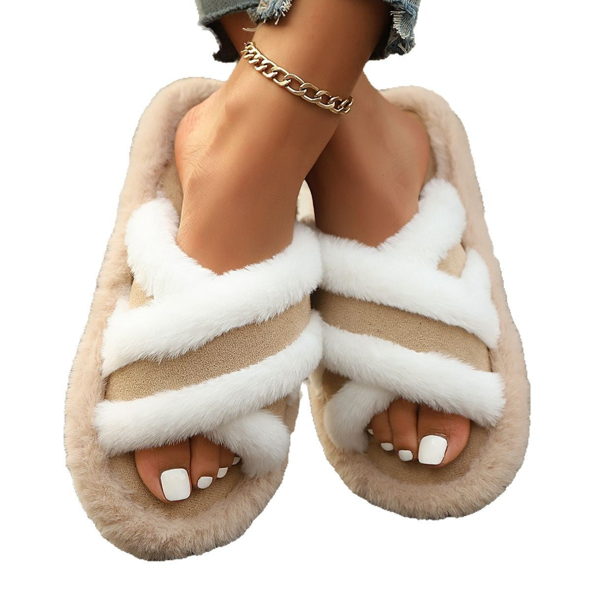 Fluffy Slippers Cross Strap Stitching Warm Casual Platform Slippers