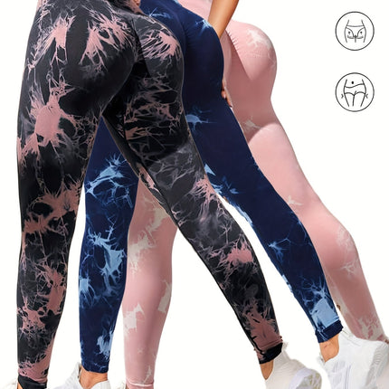 3 Pack Women's Tie Dye Cutout Tights High Waist Workout Yoga Leggings,