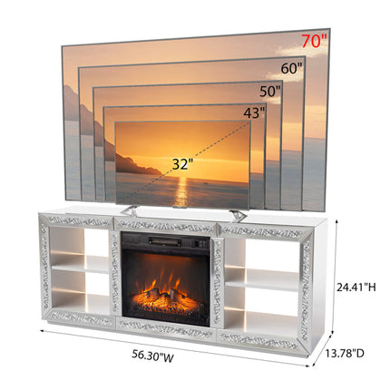 Silver Mirror Modern TV Stand With 18 Inch Fireplace Insert & Storage