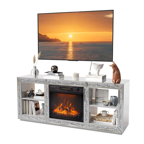 Silver Mirror Modern TV Stand With 18 Inch Fireplace Insert & Storage