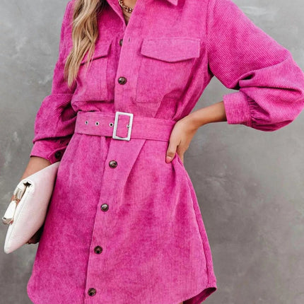 Stylish Button Front Belt Long Sleeve : Corduroy Dress