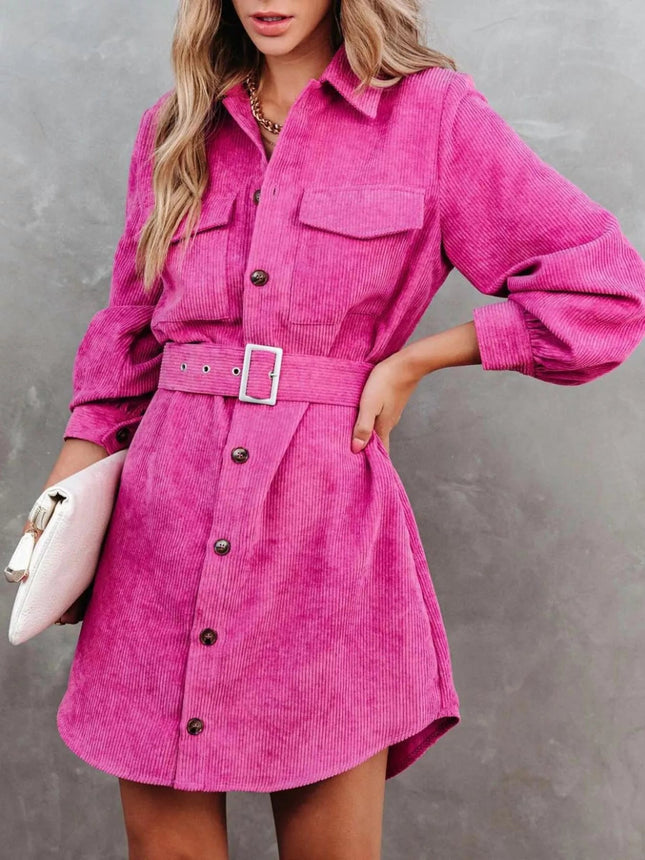 Stylish Button Front Belt Long Sleeve : Corduroy Dress