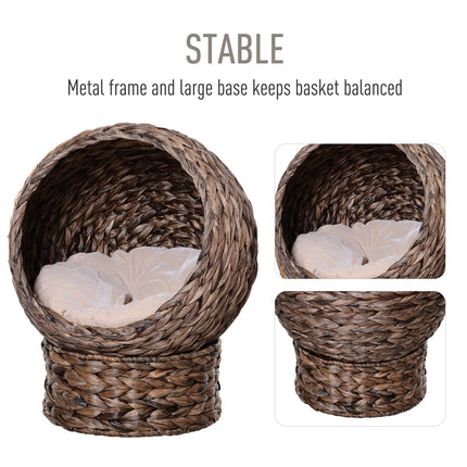 Handmade Wicker Elevated Cat Bed With Cushion Dark Brown For Kittens