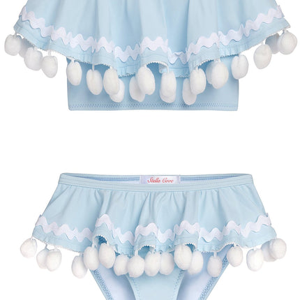 Blue Draped Bikini With White Pom Poms