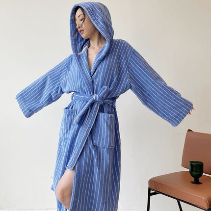 Blue Retro Hooded Stripe Bathrobe, 100% ORGANIC Long-stapled Cotton