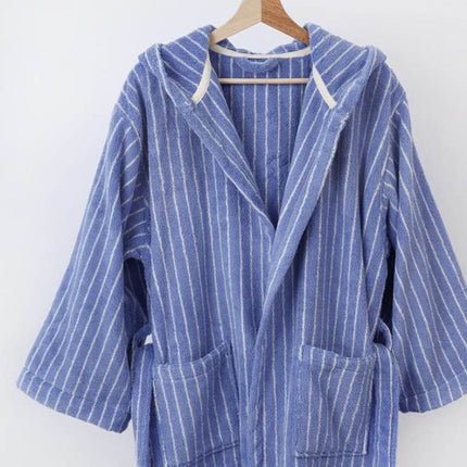 Blue Retro Hooded Stripe Bathrobe, 100% ORGANIC Long-stapled Cotton