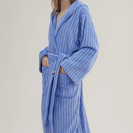 Blue Retro Hooded Stripe Bathrobe, 100% ORGANIC Long-stapled Cotton