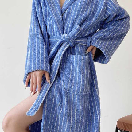 Blue Retro Hooded Stripe Bathrobe, 100% ORGANIC Long-stapled Cotton