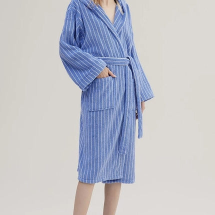 Blue Retro Hooded Stripe Bathrobe, 100% ORGANIC Long-stapled Cotton