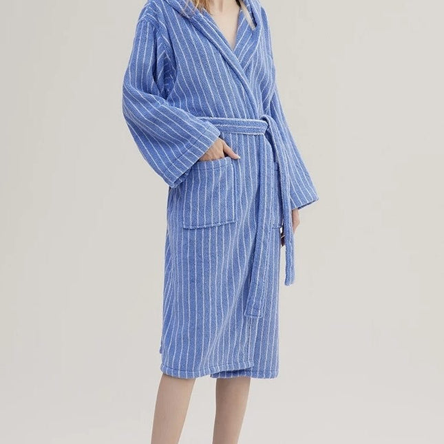 Blue Retro Hooded Stripe Bathrobe, 100% ORGANIC Long-stapled Cotton