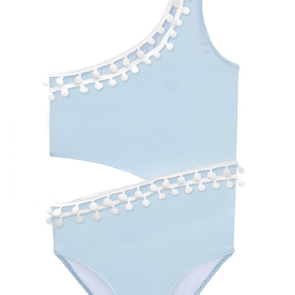 Blue Side Cut Swimsuit with White Pom Poms
