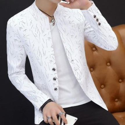Mens Slim Round Stand Collar Pattern Blazer