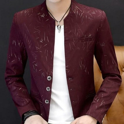 Mens Slim Round Stand Collar Pattern Blazer