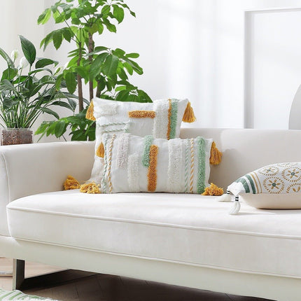 Boho-Inspired Decorative Throw Pillow Cover with Tassels | Hand-Tufted