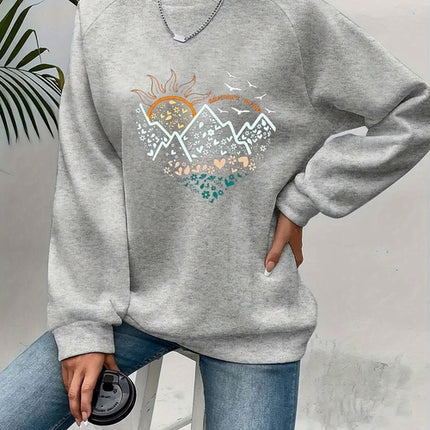 Casual Heart Print Crew Neck Pullover Sweatshirt - Soft Slightly