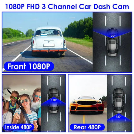 1080P FUD 3 Channel WiFi Dash Cam 170° Wide Angle Triple Car Camera