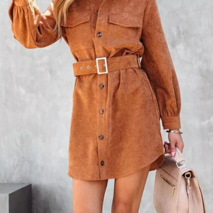 Stylish Button Front Belt Long Sleeve : Corduroy Dress