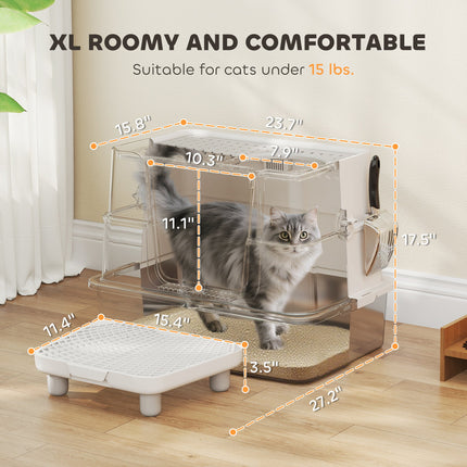 XL Stainless Steel Litter Box w/ 100° Flip Top, Scoop, Step, Top &