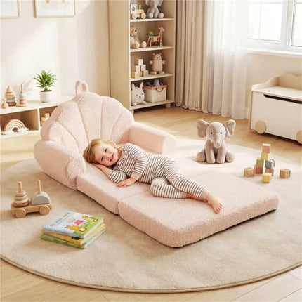 2-in-1 Flip Open Kids Sofa Lounger, Teddy Fleece Toddler Couch With