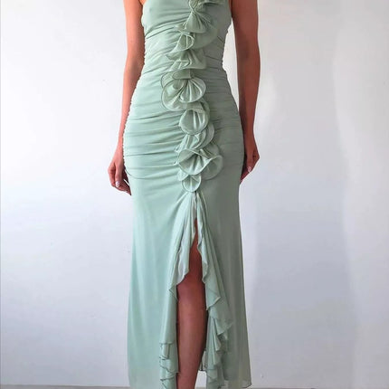 Stylish One-Shoulder Ruffle : Slit Dress