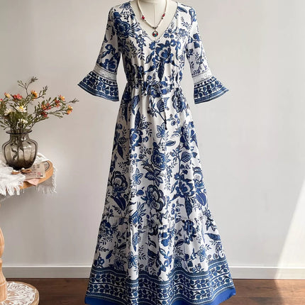 Floral Print V-Neck Flounce Sleeve Dress