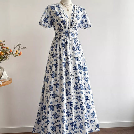 Floral Print V-Neck Puff Sleeve Dress